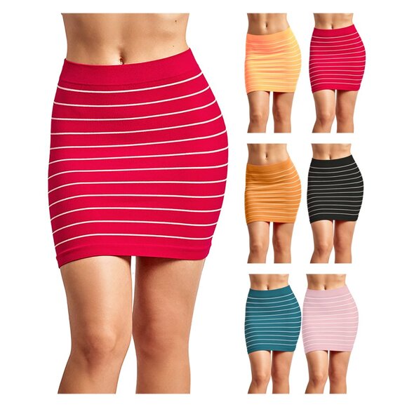 Women's Striped Comfy Seamless Microfiber Slim Nylon Pull-On Closure Mini Skirts - Picture 10 of 13